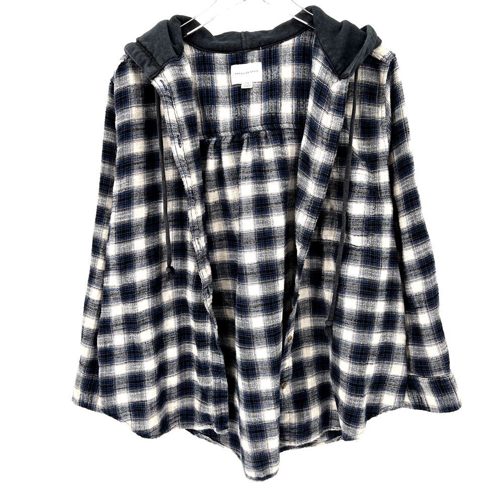 AE American Eagle Plaid Size L Flannel Hooded Shacket Button Up‎ Shirt Blue
